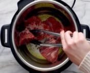 Trim excess fat off the beef. Cut into 3-4 large chunks. Turn the Instant Pot to the sauté function and add oil. When the oil is hot, add beef and sear in oil until a crispy brown exterior forms. 