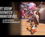 A short reel of some of my animation contributions to Overwatch. My primary focus was first person player animations but I also animated a few Highlight Intros, Emotes, Victory Poses, and the third person animation on D.va out of her mech.nnThough I am responsible for the Lucio reload shown, additional first person animations were a collaboration with Jesse Davis, who did the initial block-ins.