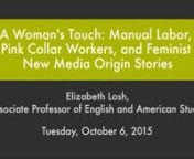 Elizabeth Losh, Associate Professor of English and American StudiesnCollege of William and MarynnMITH Conference RoomnTuesday, October 6, 2015 at 12:30 pmnnThe study of computational media still has far to go when it comes to contradicting the solo white male inventor myths that are often reified in mainstream culture, although recent work in media archaeology that emphasizes the manual labor of participants with the apparatus is changing the narrative about the rise of software culture. It is p