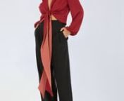 Wrap Ve neck Tie waistlong sleeve blouse with High-Rise Pleated Trousers