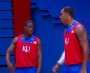 KU FOOTBALL players Daymond Patterson (#15) and AJ Steward (#11) take on Thomas Robinson and Travis Releford of the KU BASKETBALL team in a game of horse.nnIt&#39;s all about enjoying the KU Experience! One Family!