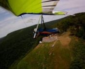 Scenes from a hang gliding flight at Hyner View, PA, over the July 4th weekend.Flight was an hour and a half, with a max altitude gain of 2000 ft above takeoff.nnThe flight ends with a turbulent ride into the LZ between the rows of trees of either side of the field.nnGoogle Earth GPS track: http://wind-drifter.com/Hyner2011GPS.jpg