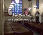 Rose Marie Ball (nee Marrollo), 81, of Ardmore, PA, went to the Church Triumphant on Thursday, Dec. 24, 2020. Born in Bryn Mawr on May 9, 1939, Rose graduated from Haverford High School in 1957 and soon after began working at O’Reillytwo deeply cherished granddaughters, Ashley and Ellie; two sisters, Fran Gregin and Joanne King; and many family and friends.nnHer Memorial Service will follow when safe, anticipated for Spring/Summer 2021.nnGifts in memory of Rose may be made to the Ardmore Pre