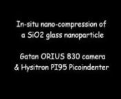 In situ nano-compression of a SiO2 glass nanoparticle - A 500 nm amorphous SiO2 glass particle (top of the image) is plastically deformed into a pancake geometry in a compression test of Hysitron Picoindenter (PI95). The loading rate of 10 nm/s was generated by driving a flat diamond punch (lower left corner). Gatan ORIUS® 830 camera. Movie was captured by Gatan In situ Video Software. Courtesy of Zhiwei Shan at CAMP-Nano at Xi’an Jiaotong University, China.