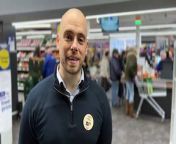 Store manager Mike Hallwood welcomes customers to the newly-opened Tesco Express in Castletown, the first former of the former Shoprite sites to reopen. The store was briefly evacuated during the morning due to an accidentally-triggered alarm.