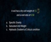A soil has a dry unit weight of 15kN/m&#3and a void ratio of 0.50&#60;br/&#62;a. Specific Gravity&#60;br/&#62;b. Saturated Unit Weight &#60;br/&#62;c. Hydraulic Gradient at critical condition&#60;br/&#62;-&#60;br/&#62;paki pindot po sa &#92;