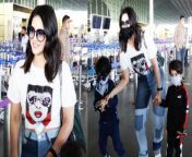 Actress Sunny Leone was snapped today by the paparazzi when she was making her way at the airport with her sons Noah Singh Weber and Asher Singh Weber. Watch the video to know more