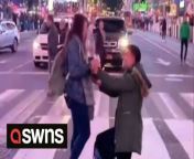 This is the touching moment a man stopped traffic in the middle of Times Square - to propose to his girlfriend.Jose Miguelo Paez Ramírez, 26, knew he wanted his proposal be one to remember - so decided to bend the knee in one of the world&#39;s most famous spots.He popped the question in New York City to partner Valentina Paez Herrera, 25 - who was understandably shocked.Thankfully, she said yes - an answer met by cheers from fellow pedestrians and plenty of honking from the cars that patiently waited for the happy couple.Commercial pilot Jose, who lives with car seller Valentina in the Big Apple, said: &#92;
