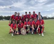 Keira Lions players sing their song after wining the Illawarra cricket grand final over University on Saturday, March 23, 2024