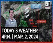 Today&#39;s Weather, 4 P.M. &#124; Mar. 2, 2024&#60;br/&#62;&#60;br/&#62;Video Courtesy of DOST-PAGASA&#60;br/&#62;&#60;br/&#62;Subscribe to The Manila Times Channel - https://tmt.ph/YTSubscribe &#60;br/&#62;&#60;br/&#62;Visit our website at https://www.manilatimes.net &#60;br/&#62;&#60;br/&#62;Follow us: &#60;br/&#62;Facebook - https://tmt.ph/facebook &#60;br/&#62;Instagram - https://tmt.ph/instagram &#60;br/&#62;Twitter - https://tmt.ph/twitter &#60;br/&#62;DailyMotion - https://tmt.ph/dailymotion &#60;br/&#62;&#60;br/&#62;Subscribe to our Digital Edition - https://tmt.ph/digital &#60;br/&#62;&#60;br/&#62;Check out our Podcasts: &#60;br/&#62;Spotify - https://tmt.ph/spotify &#60;br/&#62;Apple Podcasts - https://tmt.ph/applepodcasts &#60;br/&#62;Amazon Music - https://tmt.ph/amazonmusic &#60;br/&#62;Deezer: https://tmt.ph/deezer &#60;br/&#62;Tune In: https://tmt.ph/tunein&#60;br/&#62;&#60;br/&#62;#TheManilaTimes&#60;br/&#62;#WeatherUpdateToday &#60;br/&#62;#WeatherForecast&#60;br/&#62;