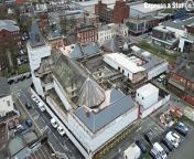Aerial footage over West Bromwich Town Hall and Library, which is undergoing major renovation work.