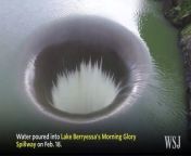 Spectacular drone footage shows water pouring into Lake Berryessa&#39;s Morning Glory Spillway for the first time in nearly 10 years, after rains eased California&#39;s long drought.
