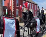 The hearse pulled by four black Friesian stallions arrives at St Stephen&#39;s Church, Cinderford for the funeral of respected businessman Keith Bell.