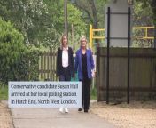 Conservative candidate Susan Hall arrived at her local polling station in Hatch End, North West London. Hall was accompanied by her daughter Louise Staite. Current Mayor of London and Labour party candidate Sadiq Khan and his wife Saadiya Khan casted their votes. They voted at their local polling station at St Alban&#39;s Church, south London bringing along their dog with them.