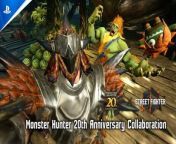 Street Fighter 6 - Monster Hunter 20th Anniversary Collaboration Trailer &#124; PS5 &amp; PS4 Games&#60;br/&#62;&#60;br/&#62;Hunters! We&#39;re celebrating the Monster Hunter 20th Anniversary with an in-game collaboration in Street Fighter 6.&#60;br/&#62;&#60;br/&#62;Get the Rathalos Armor avatar outfit, emotes, and titles starting in April! In addition, there will be 15 accessories inspired by weapons from Monster Hunter in the Hub Goods Shop.&#60;br/&#62;&#60;br/&#62;The Battle Hub will also have an adventurous redeisgn and you might see some familiar claws appear in the Photo Op Spot!&#60;br/&#62;&#60;br/&#62;#ps5 #ps5games #ps4games #ps4 #streetfighter6 #monsterhunter