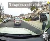 Shocking video has been released of a domestic violence suspect desperately fleeing from California cops by clinging to a moving vehicle before being shot by officers.&#60;br/&#62;&#60;br/&#62;Juan Valdez, 40, was tirelessly hunted down on January 27, 2024, by officers who had been contacted by an individual who was &#39;concerned&#39; for a friend who he had allegedly threatened to kill, police say.&#60;br/&#62;&#60;br/&#62;Lathrop Police Department were dispatched to make a welfare check on the alleged victim and her daughter and found the woman, who described Valdez as &#39;psychotic&#39;, to be &#39;visibly stressed&#39;.