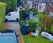 This is the moment a dad was caught on his Ring doorbell camera - falling off a wheelie bin.&#60;br/&#62;&#60;br/&#62;Matt Gentle, 40, went to change the batteries in two security cameras outside his home but climbed on the wrong bin.&#60;br/&#62;&#60;br/&#62;The bin wasn&#39;t as strong as he thought and gave way - sending him toppling into the bushes.